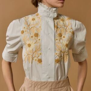 Thierry Colson Vita Embroidered Blouse Cabbage White Floral Puff Sleeve Sz S EUC